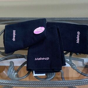NWT set of 3 Black microfiber Pink embroidered "Makeup" removal face wash cloths
